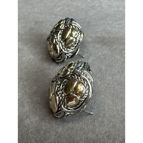 Rhodium Two tone cable pebble square Omega clasp earrings 3/4” Each - Picture 8 of 10